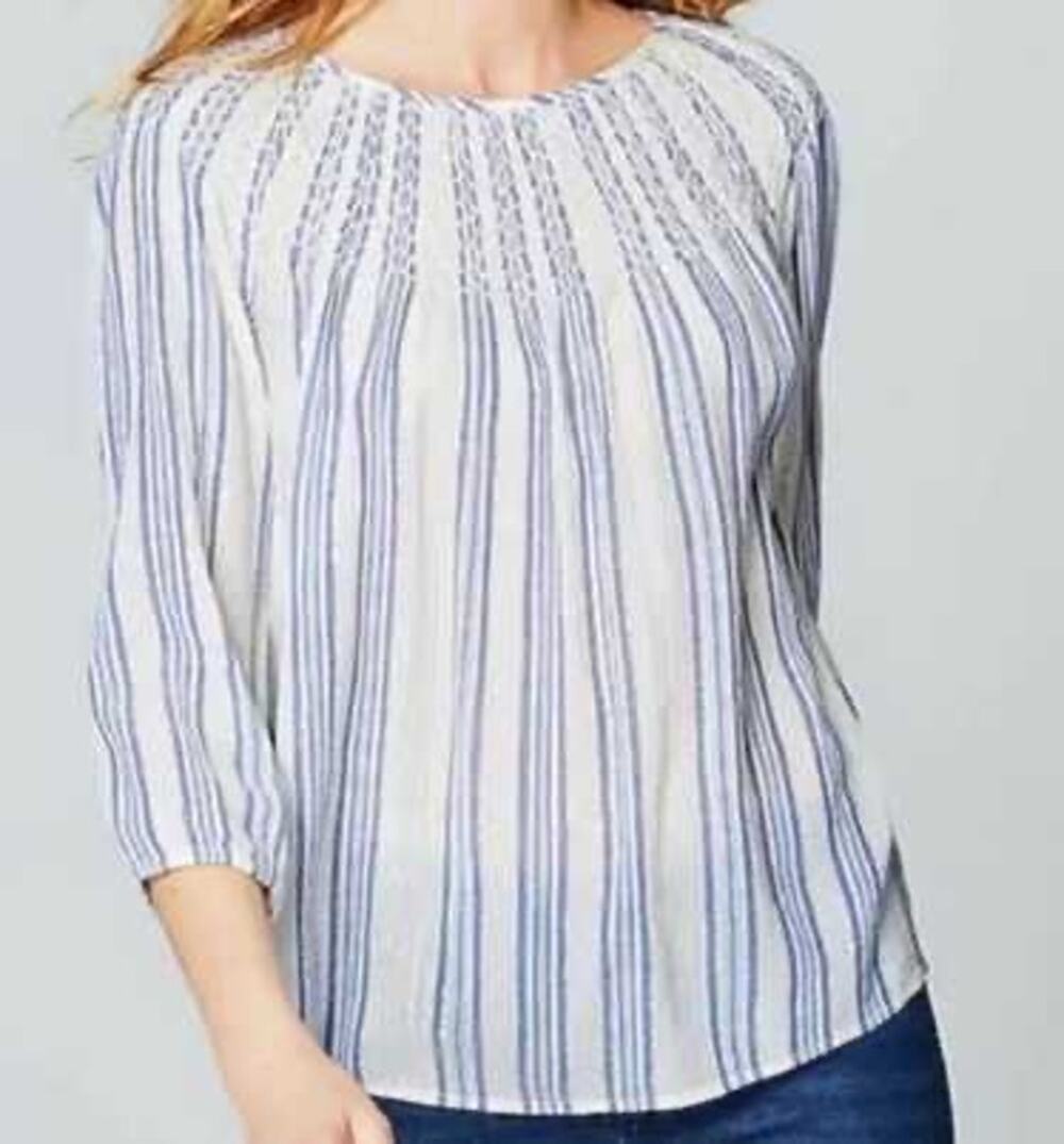 J.Jill Medium Petite Blue White Striped Metallic Peasant Blouse Contemporary